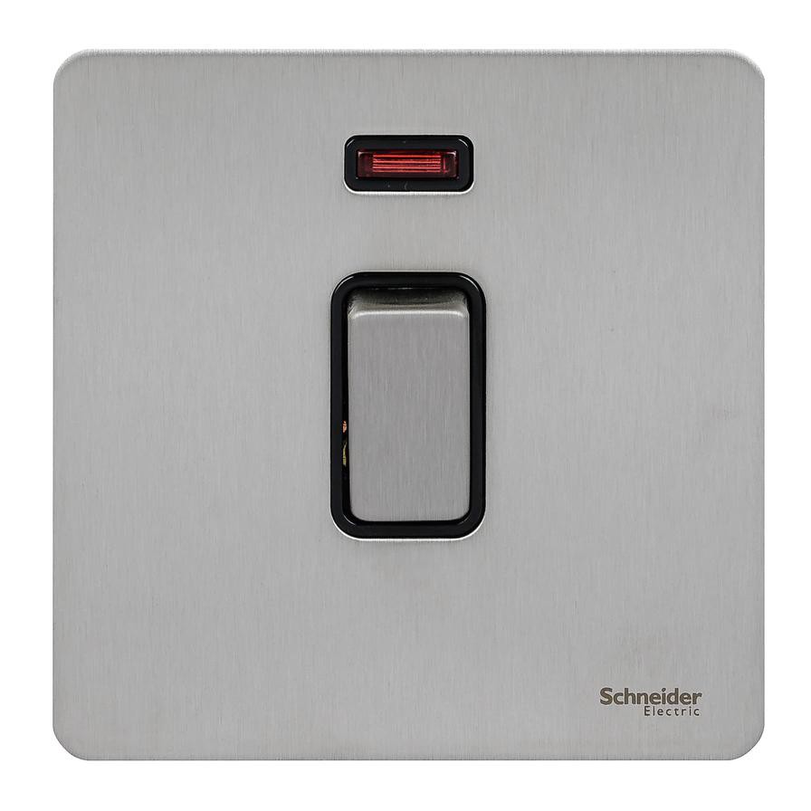 Schneider Electric Ultimate Screwless Flat Plate Switch W/ Neon Indicator, 1 Gang, 2 Pole, GU2411-BSS (20AX, 230 V)