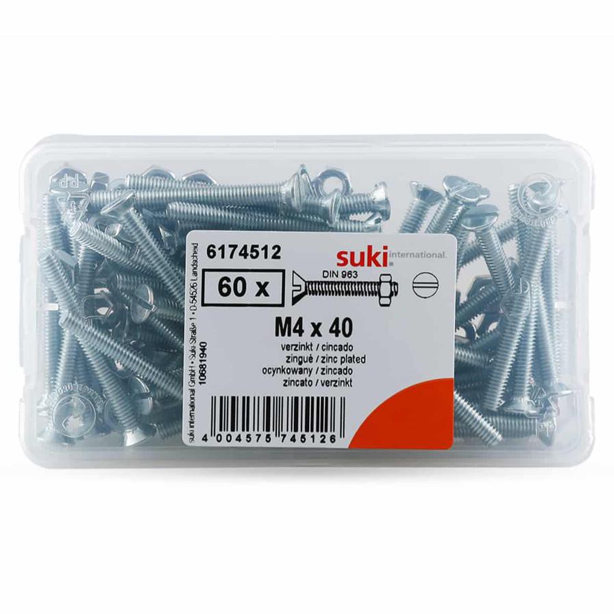 Suki® Machine Screws, Slotted Countersunk – Zinc Plate (M4 x 40 mm, Pack of 60)