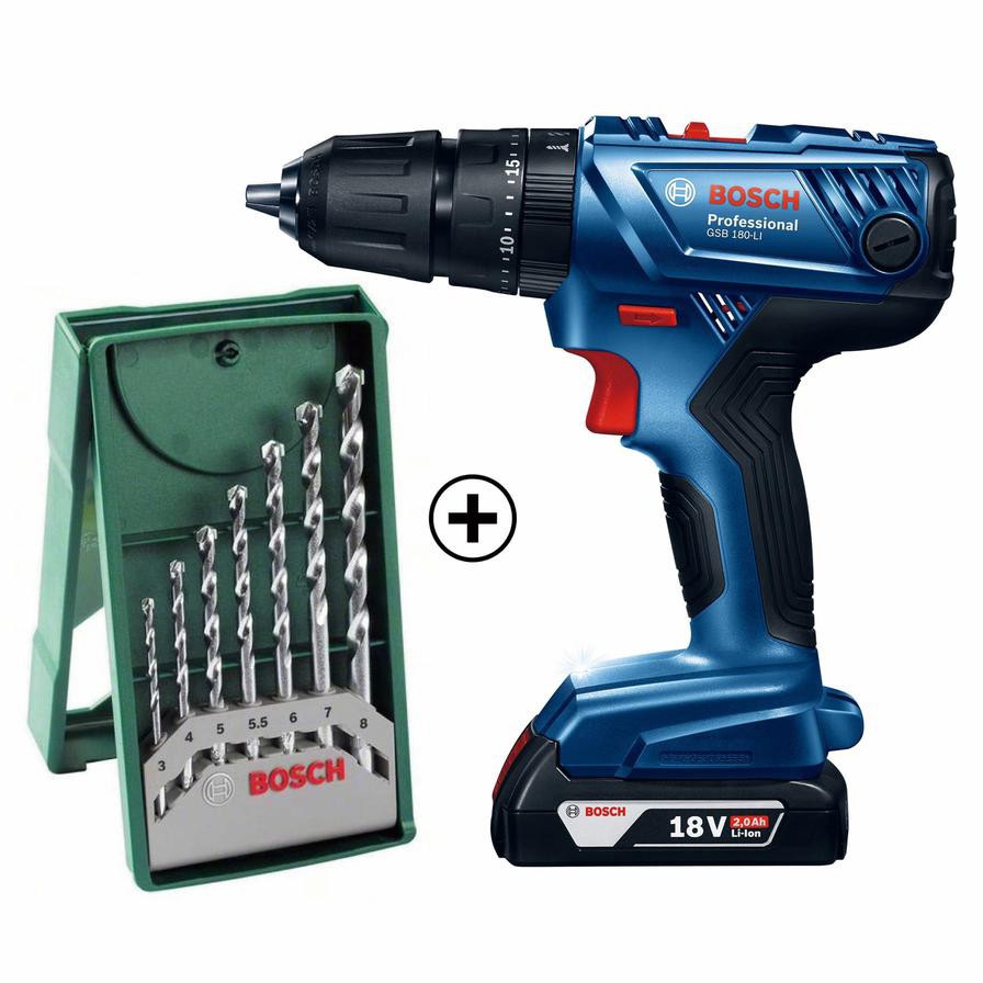 Bosch Professional Cordless Impact Drill, GSB 180-LI (18 V) + Bit Set (7 Pc.)