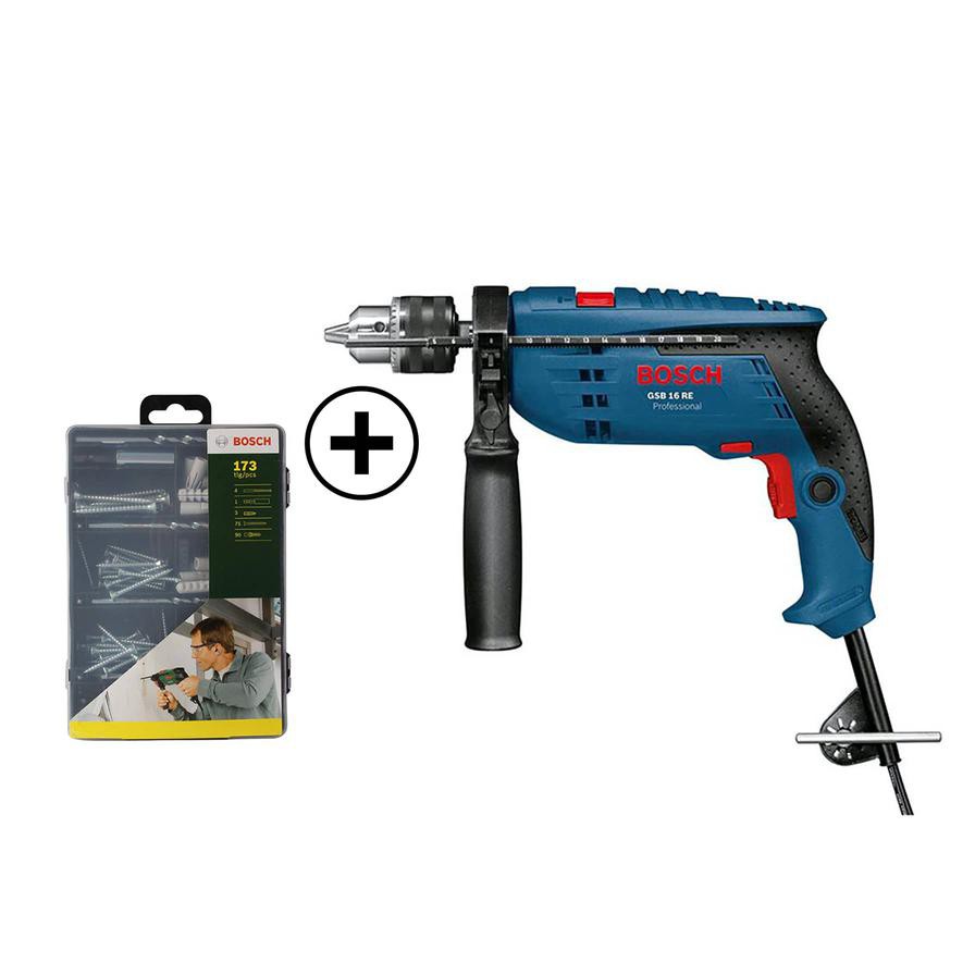 Bosch Impact Drill, GSB 16 RE (701 W) + Accessories (173 pcs)