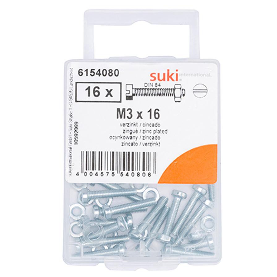 Suki Zinc-Plated Pan-Head Slotted Machine Screws (M3 x 16 mm, Pack of 16)