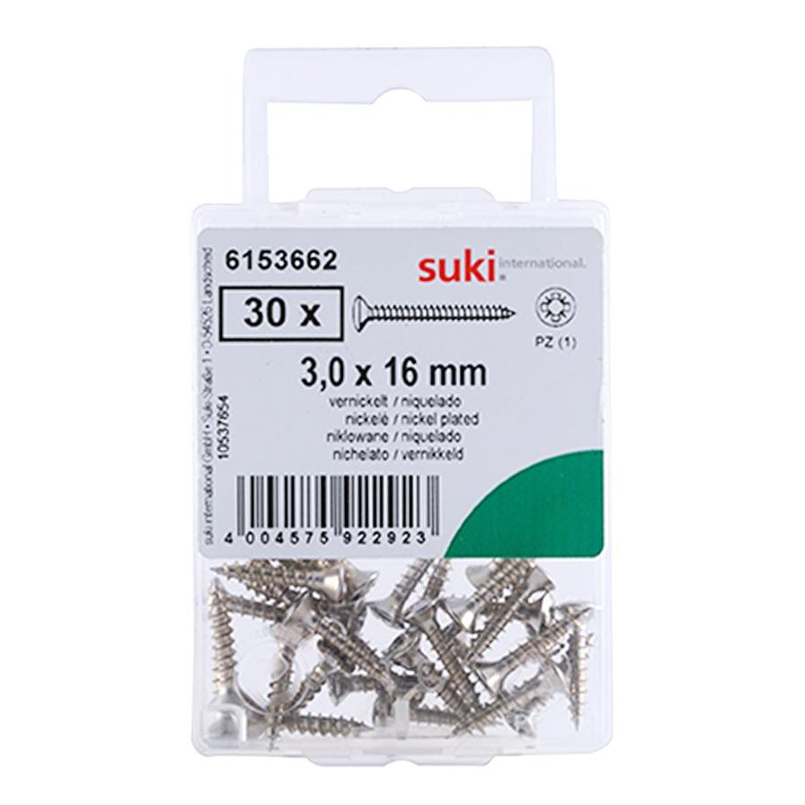 Suki Oval-Head Nickel Plated Chipboard Screws (3 x 16 mm, Pack of 30)