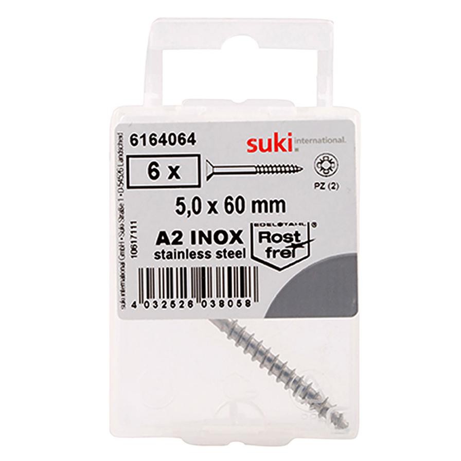 Suki Stainless Steel Pozidriv Recess Chipboard Screws (5 x 60 mm, Pack of 6)
