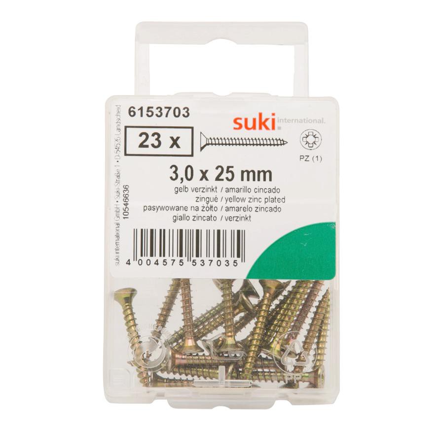 Suki Pozidriv Chipboard Screws (25 x 3 mm, Pack of 23, Yellow Zinc)