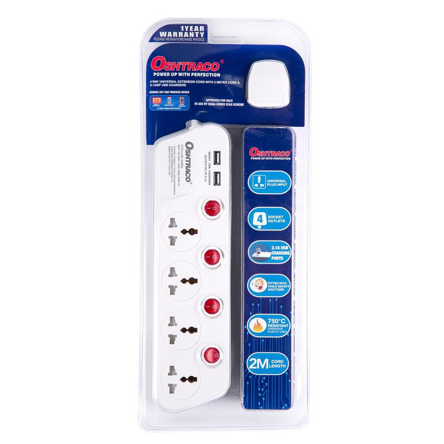 Oshtraco Universal 4-Socket Extension Cord W/USB Port (2 m)