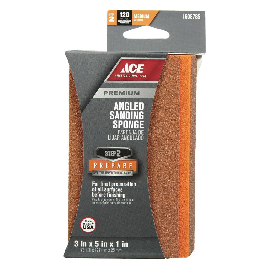 Ace Angled Sanding Sponge(7.6 x 12.7 x 2.5 cm, 120 Grit, Medium)