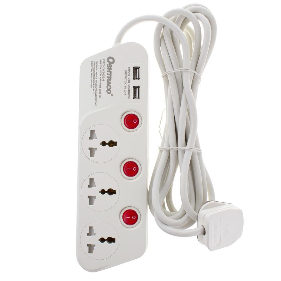 Oshtraco 3-Way Extension Cord W/ Dual USB Ports (4 m)