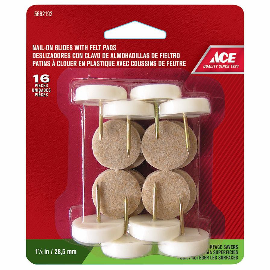 Ace Nail-On Glides W/ Felt Pads Pack (2.85 cm, 16 Pc.)