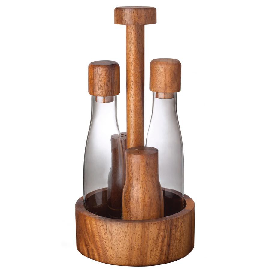 Billi Wooden & Glass Cruet W/ Salt & Pepper Shaker Set