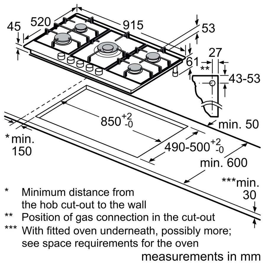 موقد غاز مدمج 5 شعلات iQ500 سيمنز، EC9B5QO90M (4.5 × 91.5 × 52 سم)