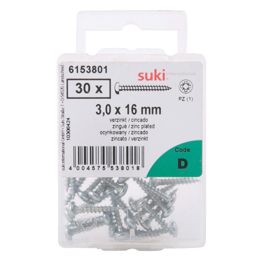 Suki Zinc-Plated Steel Chipboard Screw with Round Head (16 x 3 mm, Pack of 30)