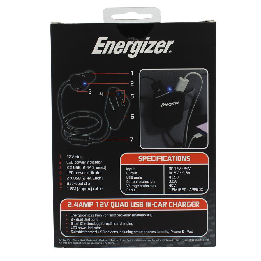 Energizer Quad USB In-Car Charger (2.4 Amp, 12 V)