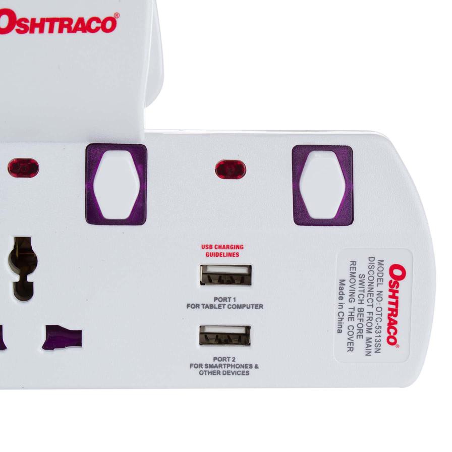 Oshtraco 2-Way T-Socket Plug W/ USB Port