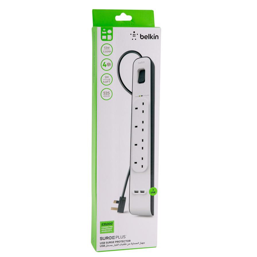 Belkin 4-Outlet Surge Protection Strip with USB & Power Cord (2 m)