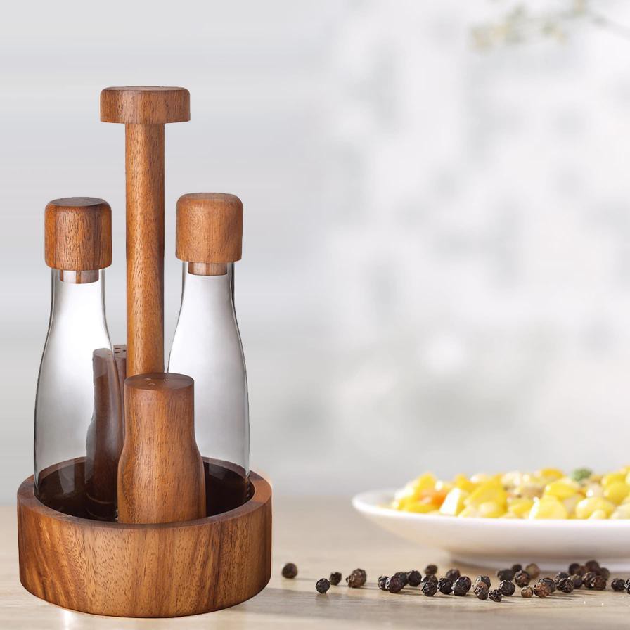 Billi Wooden & Glass Cruet W/ Salt & Pepper Shaker Set