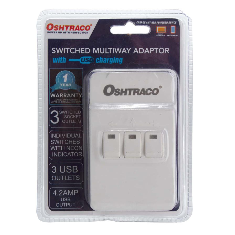 Oshtraco 3-Way Switched Adaptor Plug W/ 3 USB Ports