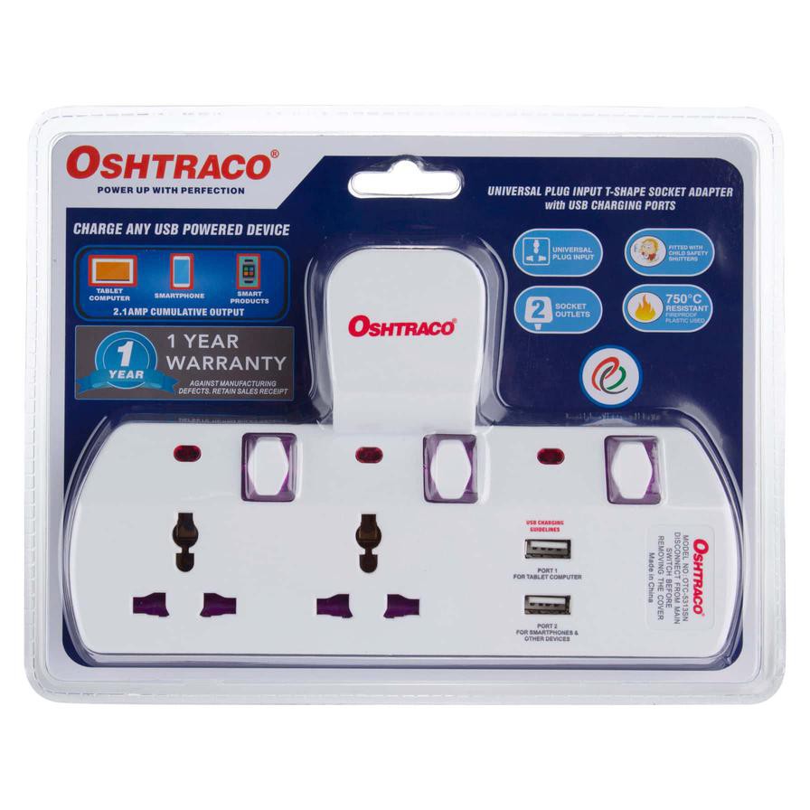 Oshtraco 2-Way T-Socket Plug W/ USB Port