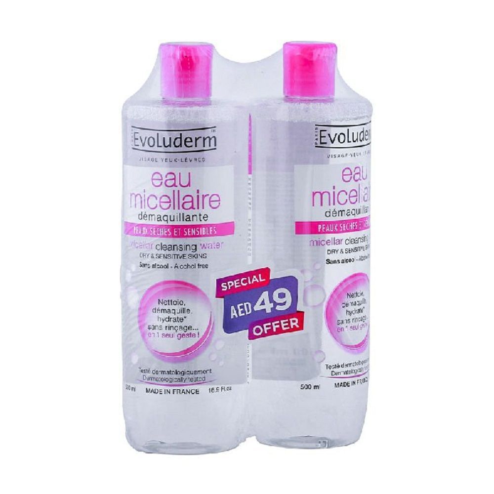 Evoluderm Micellar Water Dry &amp; Sensitive Skin 500 mL 1+1 PROMO PACK