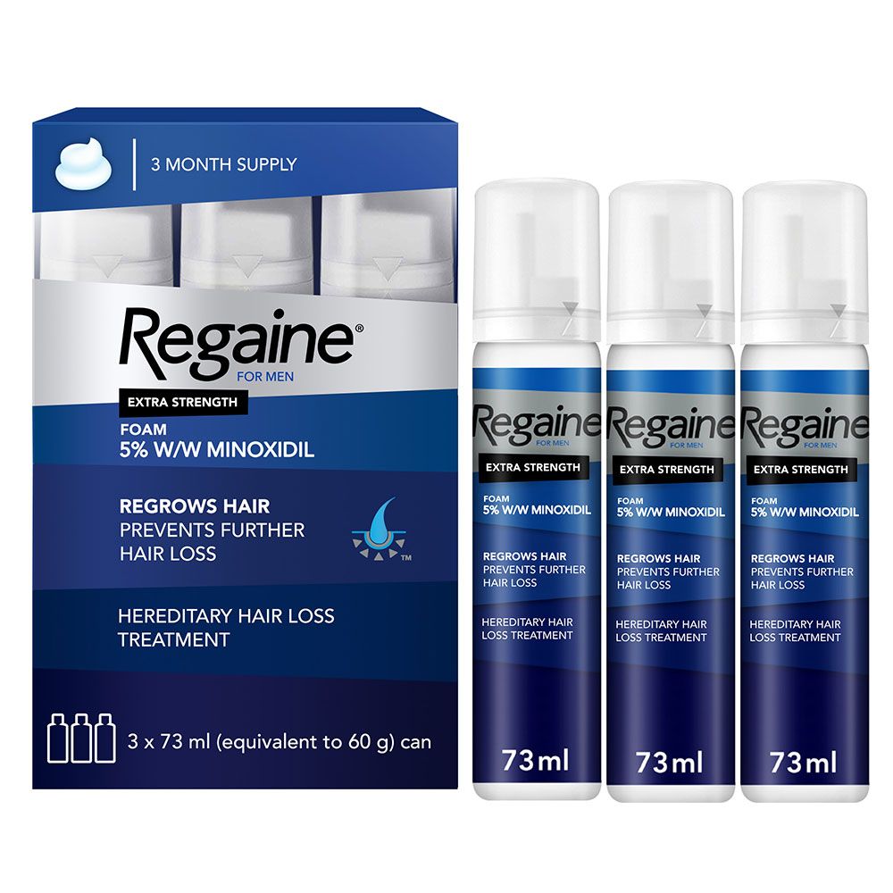 Regaine For Men 5٪ Minoxidil Extra Strength Foam 73 ml 3's. ريجين للرجال 5٪ رغوة فائقة القوة 73 مل 3