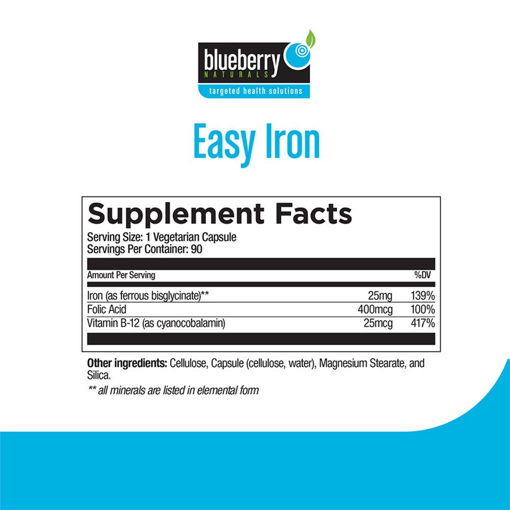 Blueberry Naturals Easy Iron 25 mg Vegetarian Capsules 90&#039;s B0265