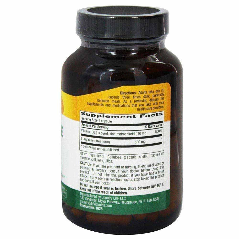 Country Life L-Arginine 500 mg كبسولات نباتية 100 كبسولة ، تاريخ انتهاء الصلاحية: يوليو 2022