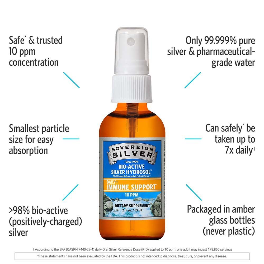 Sovereign Silver  Bio-Active Silver Hydrosol Daily+ Immune Support 10 PPM Spray 2 fl.oz./59 mL