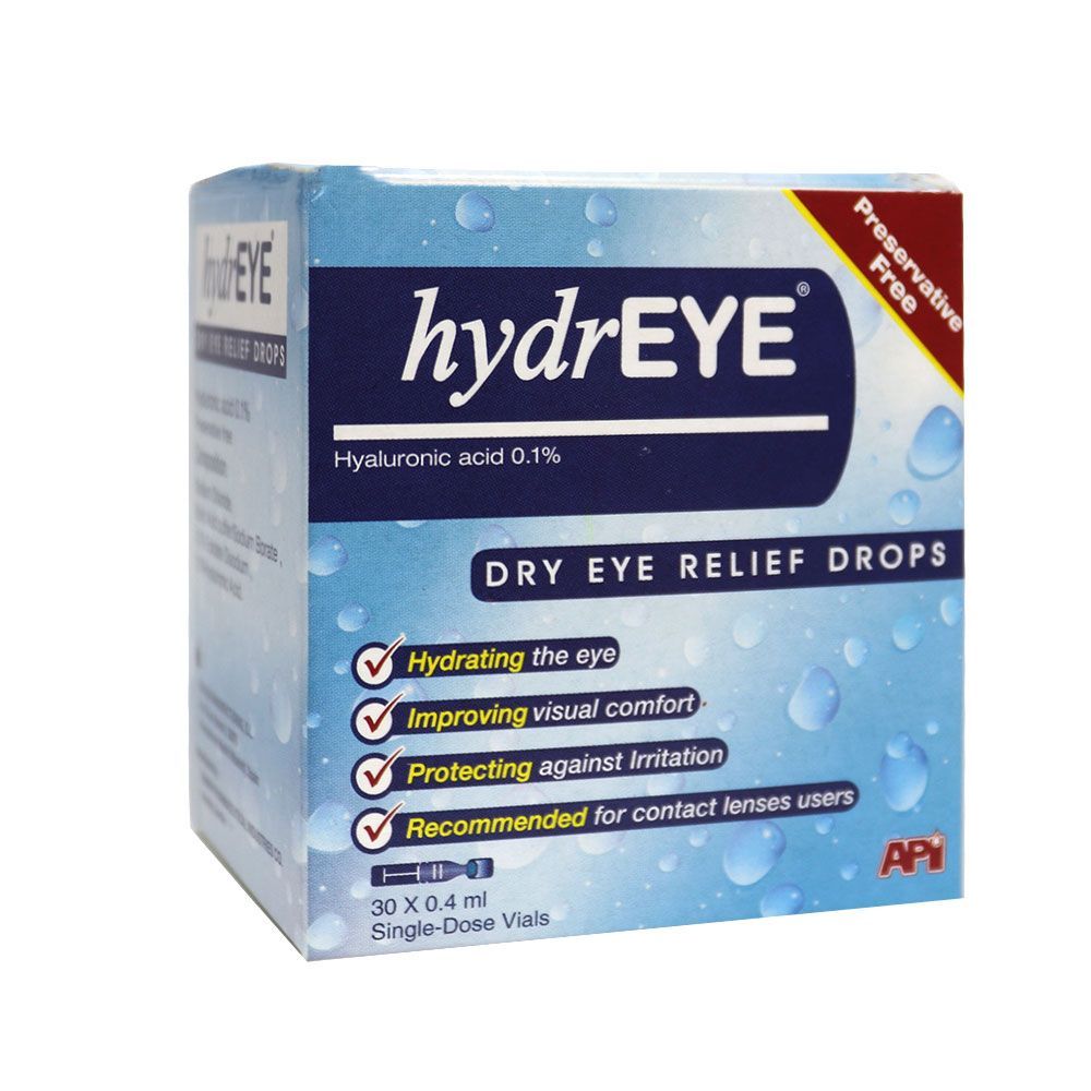 Hydreye 0.1٪ قطرات لتسكين جفاف العين وحدة جرعة واحدة 0.4 مل 30