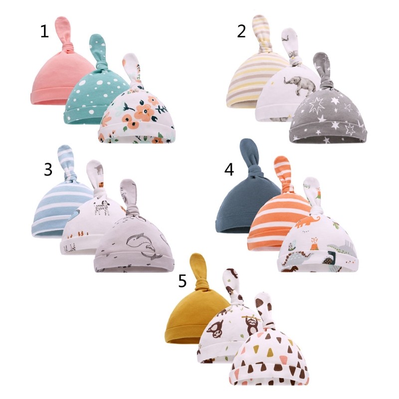 3pcs Newborn Baby Cotton Knot Beanies Baby Girls Sleep Caps For 0-6 Months Infant Hats Baby Accessories