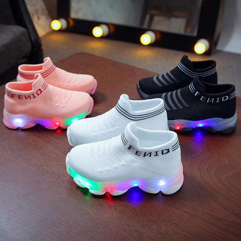 Kids Sneakers Children Baby Girls Boys Letter Mesh Led Luminous Socks Sport Running Sneakers Shoes Sapato Infantil Light Up