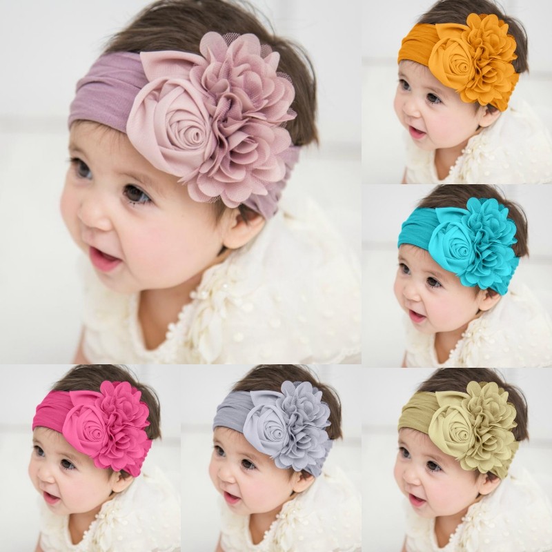 Kids Headwear Soft Stretch Satin Flower Headband Wide Knot Nylon Twill Wraps Turban Girls Headwear Photo Props