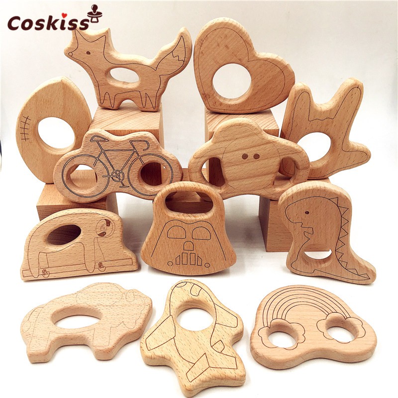 Lovely Cartoon Wood Teether 10pcs Pure Natural Animal Shaped Baby Teething Nursing Wood Teether Baby Girl DIY Pendant Toys