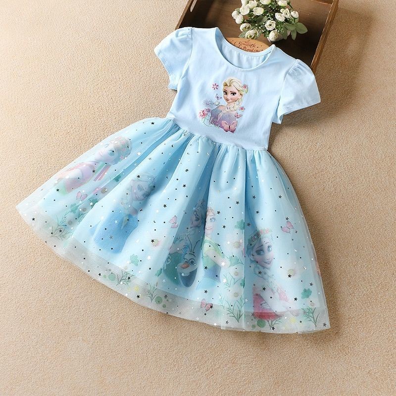 Summer 2022 Cartoon Girls Dress Princess Elsa Baby Dresses Toddler Kids Short Sleeve Cute Party Dresses