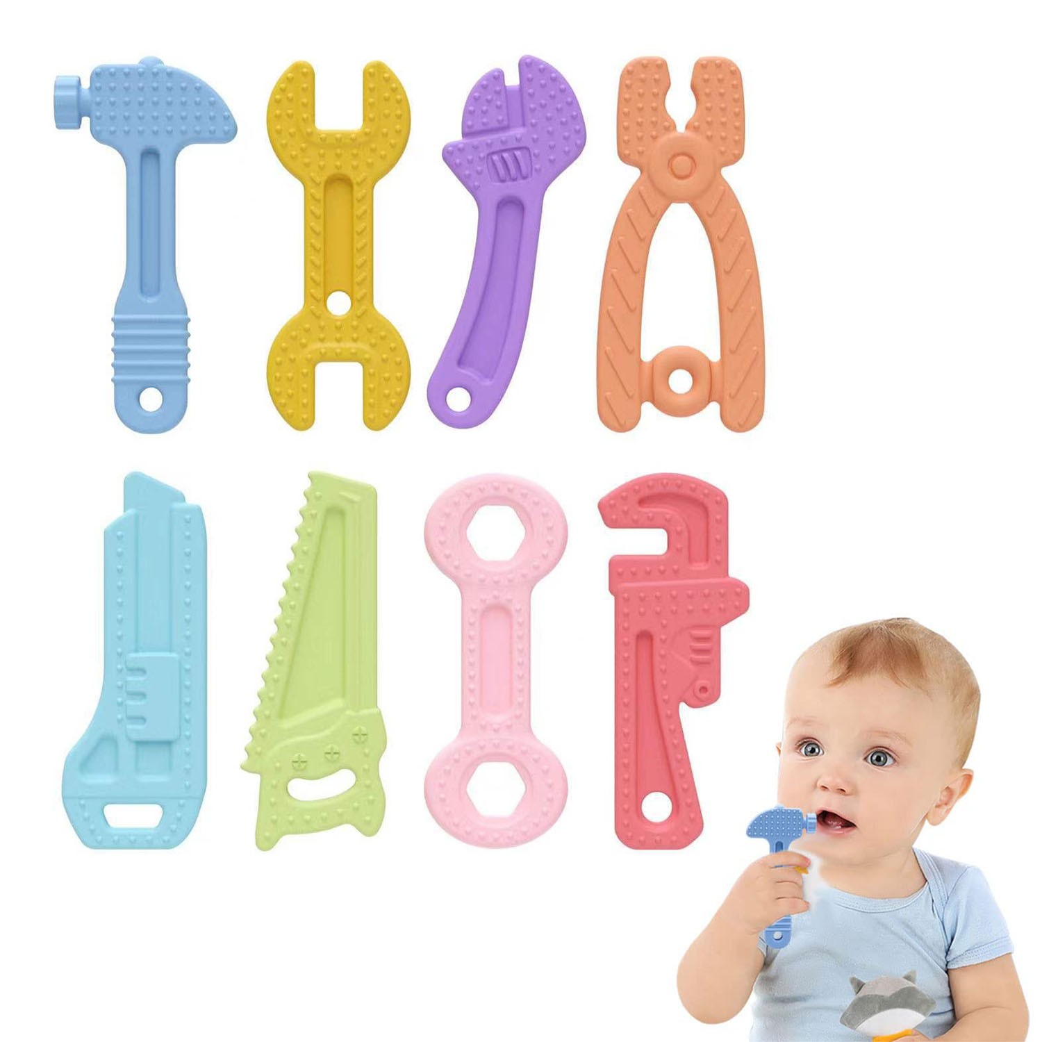 Baby Teething Silicone Toys Kit BPA Free Infant Molar Teether Toys for 0-1-2 Years 0-12-24 Months Hammer Saw