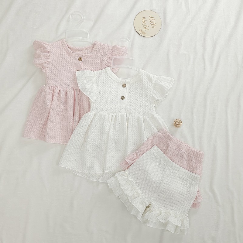 Fashion Baby Dress Clothes Set Newborn Cotton Waffle Princess Girls Top Flying Sleeves Buttons Ruffles A-Line Dress Shorts Set