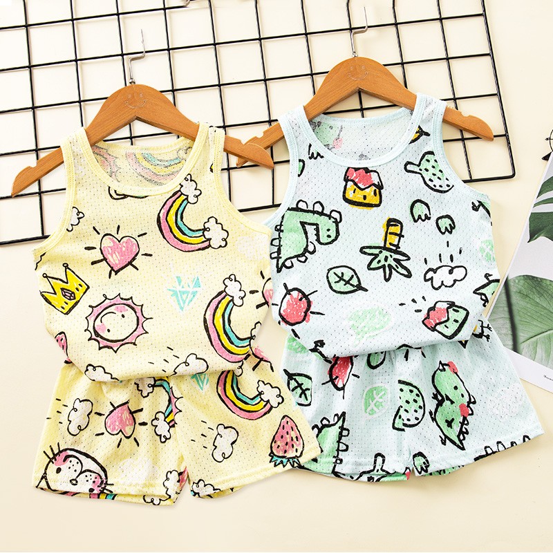 Baby Kids Pajamas Sets Cotton Boys Pajamas For Girls Sleeveless Hollow Dinosaur Tshirt Short Summer Pajama Suit Children Clothes