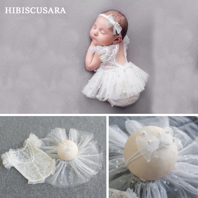 Newborn Baby Photography Clothes Fairy Lace Dress Pearl Beading Romper Skirt Headband 3pcs Sets Infant Girl Princess Outfis