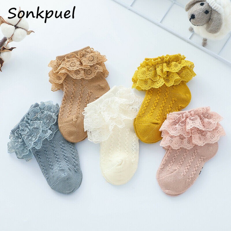 Breathable Cotton Socks with Lace for Little Girl Mesh Ruffle Socks for Kids White Pink Yellow Ankle Socks