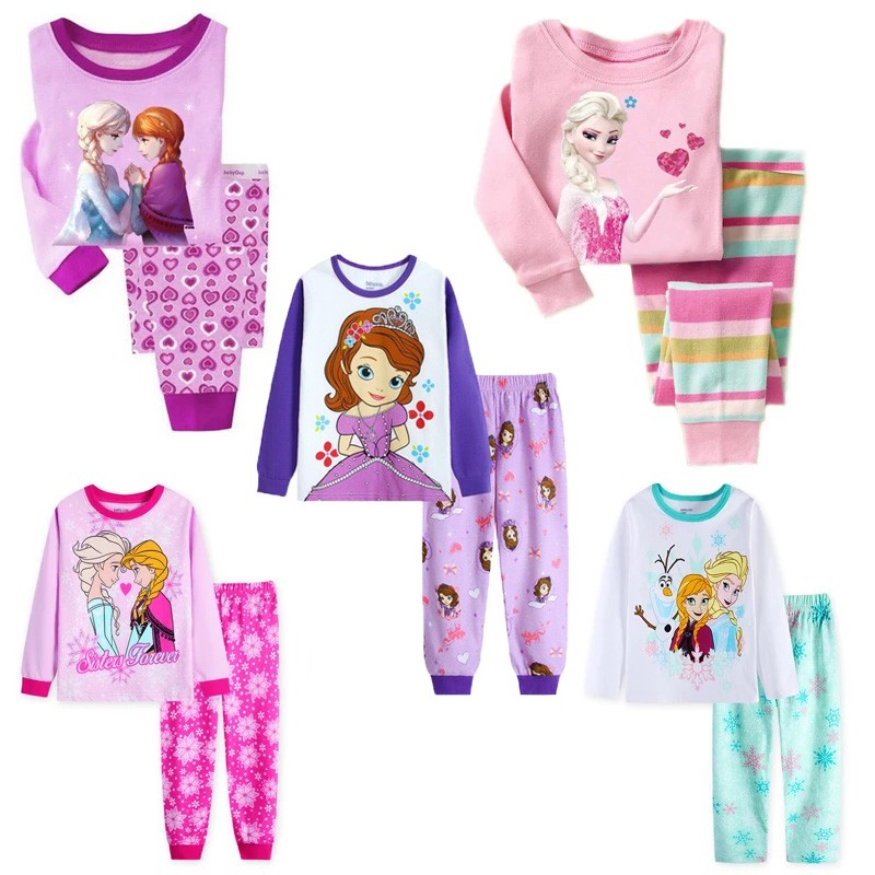 Disney Kids Pajamas Princess Anna Elsa Sleepwear Cartoon Clothing Set Long Sleeve Pajamas