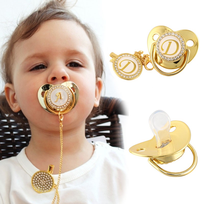 Initial Letter Name Baby Pacifier & Pacifier Clips BPA Free Silicone Infant Nipple Gold Bling Newborn Dummy Soother