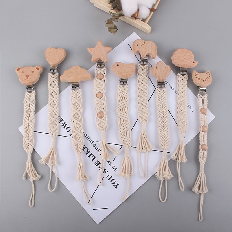 Baby Safety Infant Toddler Doll Pacifier Soother Nipple Chain Strap Holder Handmade Braided Cotton Rope Wooden Pacifier Clips