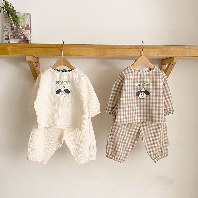 2022 New Baby Cotton Linen Clothes Set Plaid Cartoon Casual Tops Pants 2pcs Baby Set Cute Boy Girls Comfortable Infant Outfits