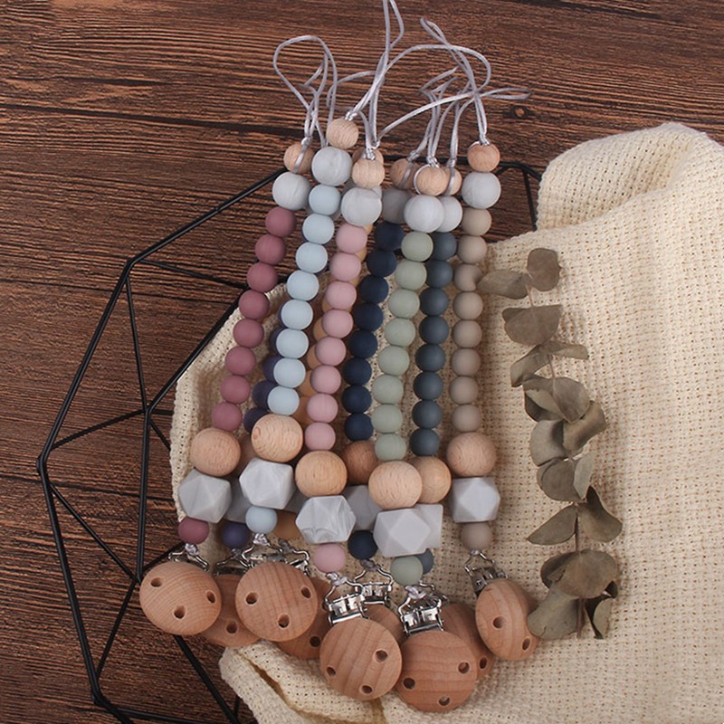 Safety Wooden Teether Baby Infant Baby Doll Pacifier Silicone Soother Nipple Clip Chain Strap Baby Holder Chew Toy Teether