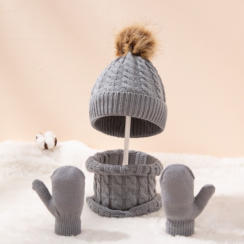 Cute Hat Scarf Set Beanie Hat Gloves 3pcs Children Hats Girls Fake Ball Pom Keep Warm Winter Knitted Skullies Kids Bone