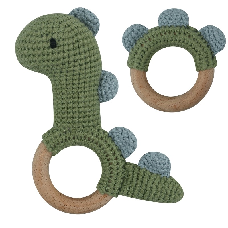 1pc or 2pcs/set BPA Free Crochet Dinosaur Baby Teether Rattle Safe Beech Wooden Teether Ring Newborn Mobile Sport Educational Toy