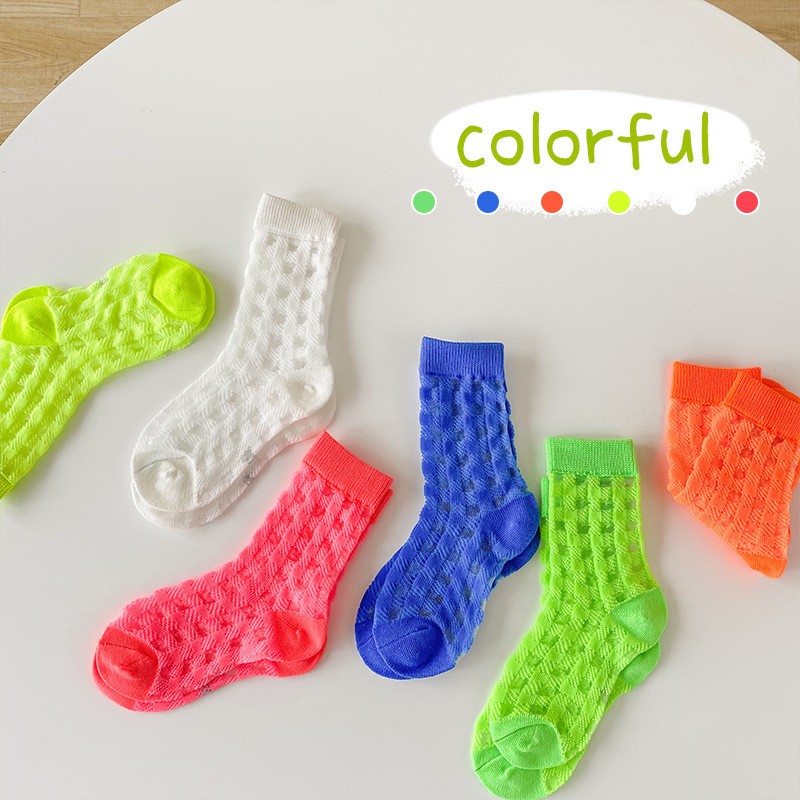 3 Pairs Kids Socks Summer Thin Solid Color Plaid Silk Socks Baby Cotton Breathable Mesh Socks for Boys Girls Three Colors New