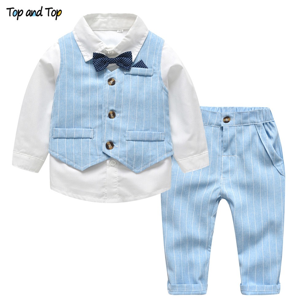 Best and top spring and autumn baby boy gentleman suit white shirt with bow tie striped jacket trousers 3pcs formal kids clothes set