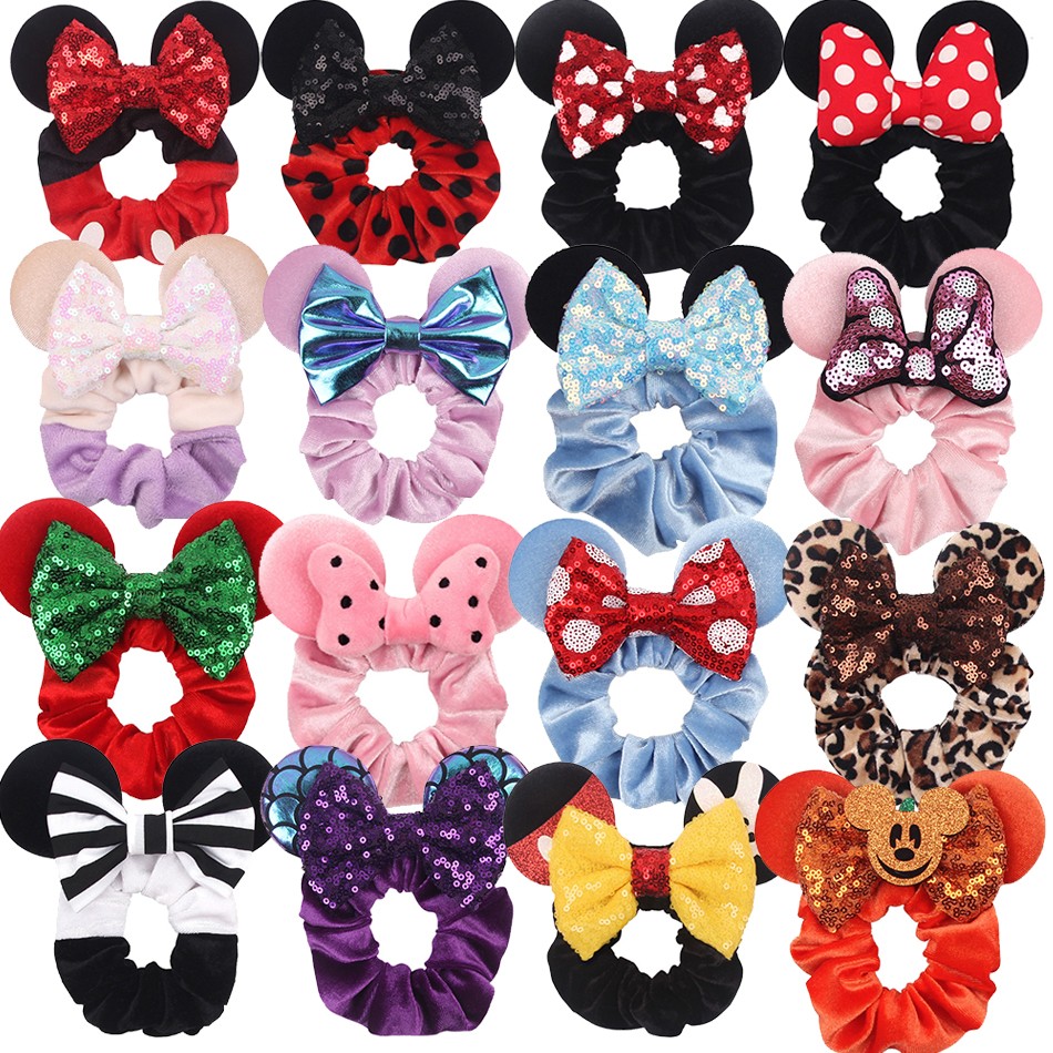 Little Girls Hair Band Kids Mickey Minnie Soft Hair Bow Children Sequin Velvet Ponytail Holders Baby No Damage Rubber Hair Tie