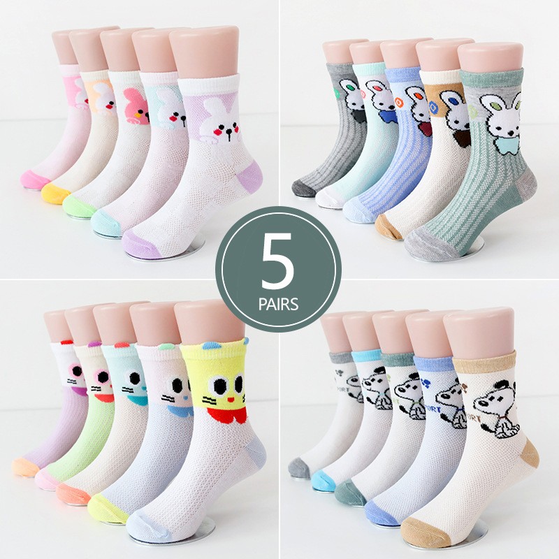 5pairs/lot Baby Boys Girls Cotton Socks Cute Cartoon Mid Mesh Non-slip Warm Children Socks Autumn Spring Summer