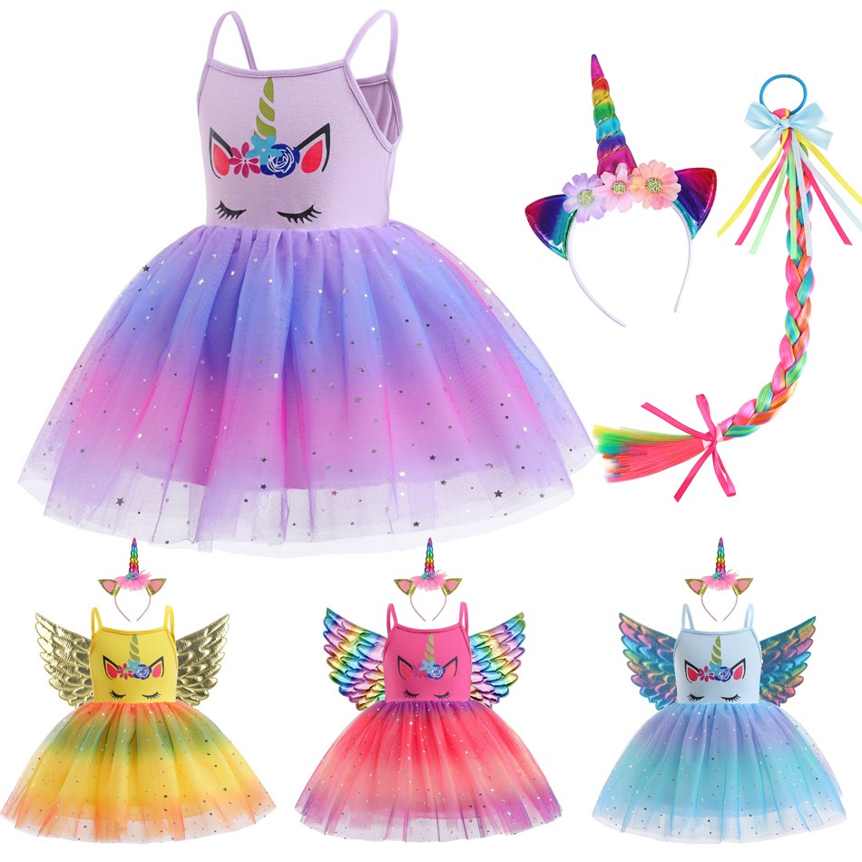 2022 Unicorn Girl Summer Dress Toddler Sleeveless Mesh Tutu Cartoon Clothes Birthday Party Beach Outfit With Wings Headband