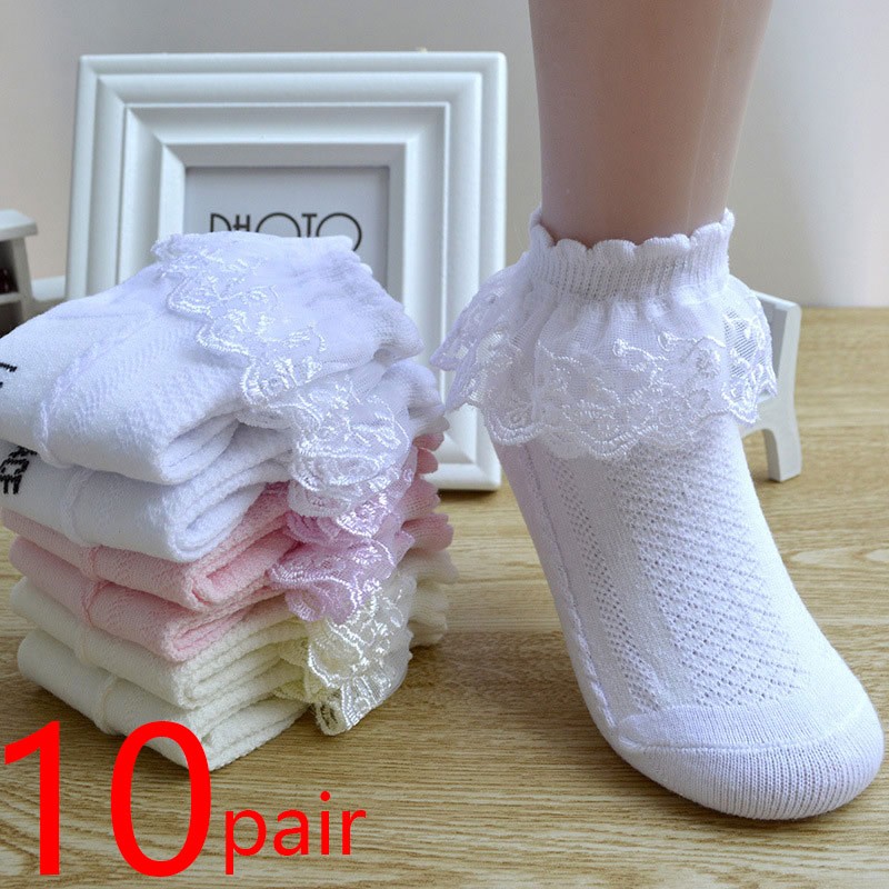 10pairs/lot Baby Girls Kids Lace Ruffle Socks Princess Mesh Children Ankle Short Breathable Cotton White Pink Blue Toddler Sock